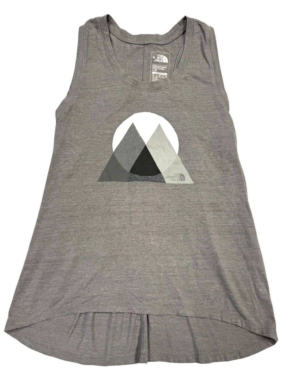 The North Face Women’s L Gray Graphic Racerback Hiking Tank Top High Low Hem